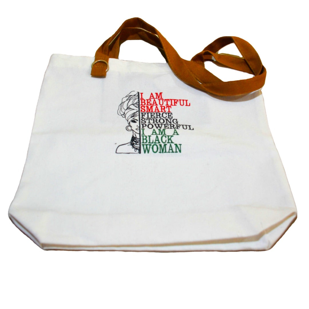 Embroidered I AM A BLACK WOMAN Medium Canvas Tote Bag