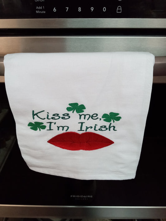 Embroidered KISS ME I'M IRISH, ST. PATRICK'S DAY Flour Sack Kitchen Towel