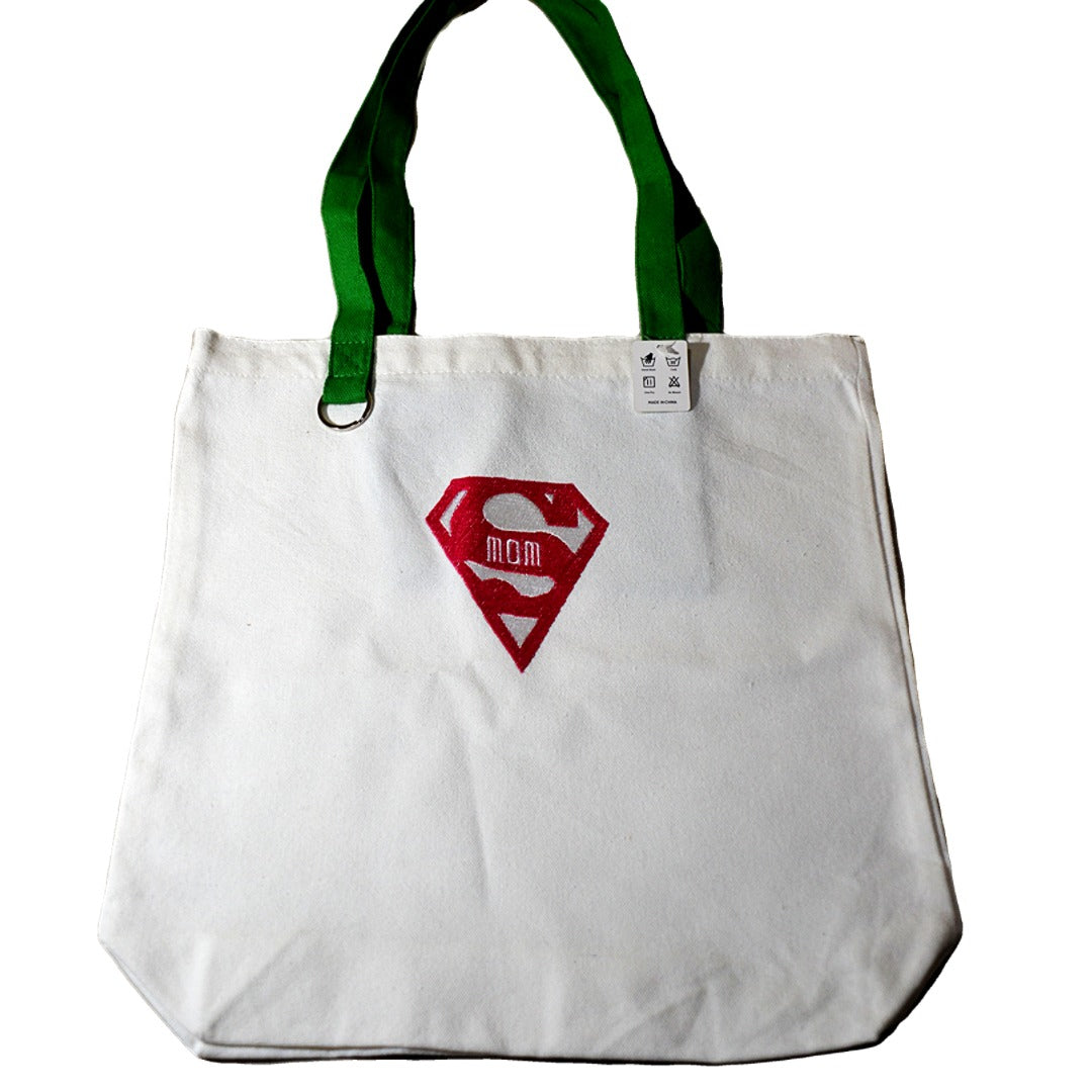 Embroidered SUPER MOM Medium Canvas Tote Bag
