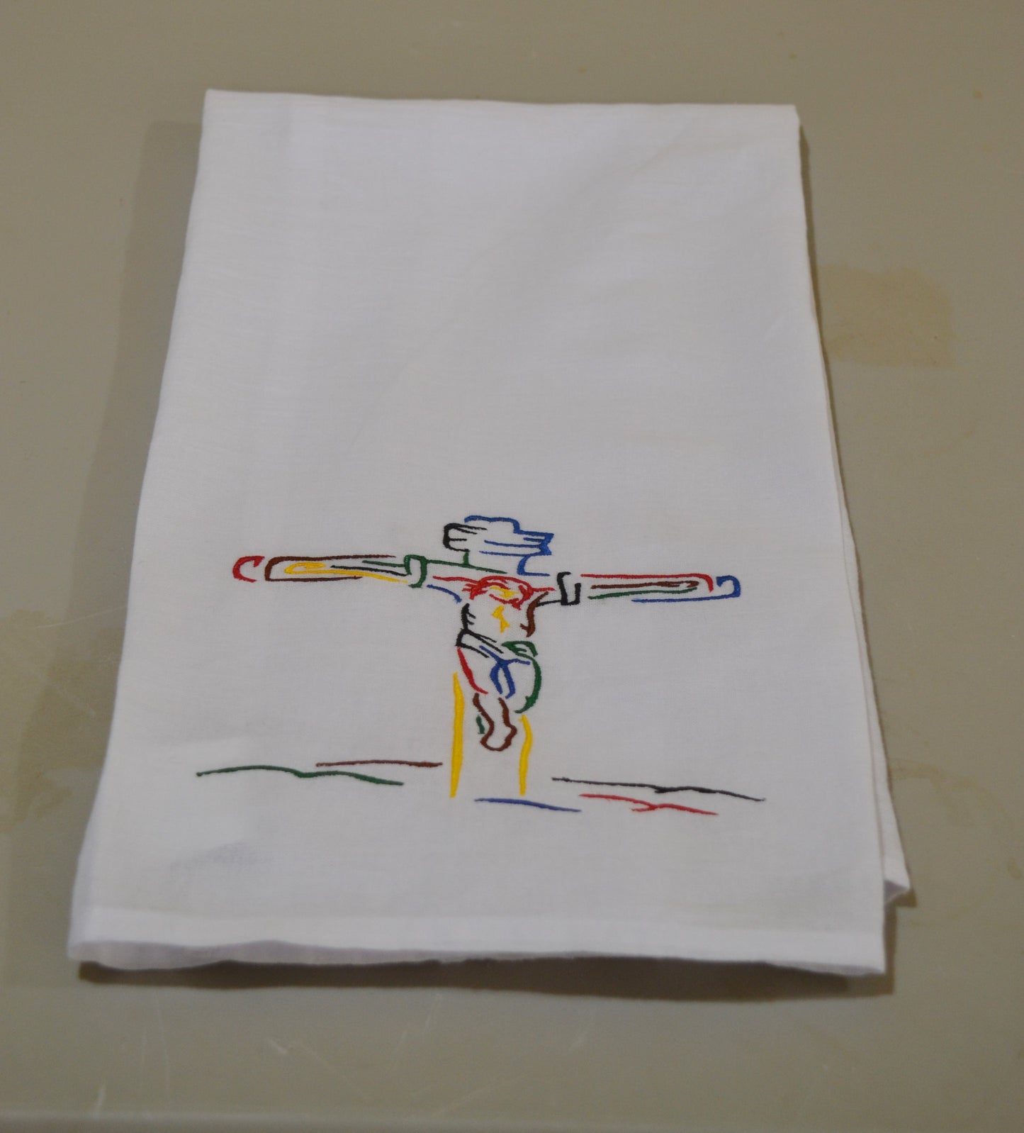 Embroidered THE CRUCIFIXION ART DECO Flour Sack Kitchen Towel (White)