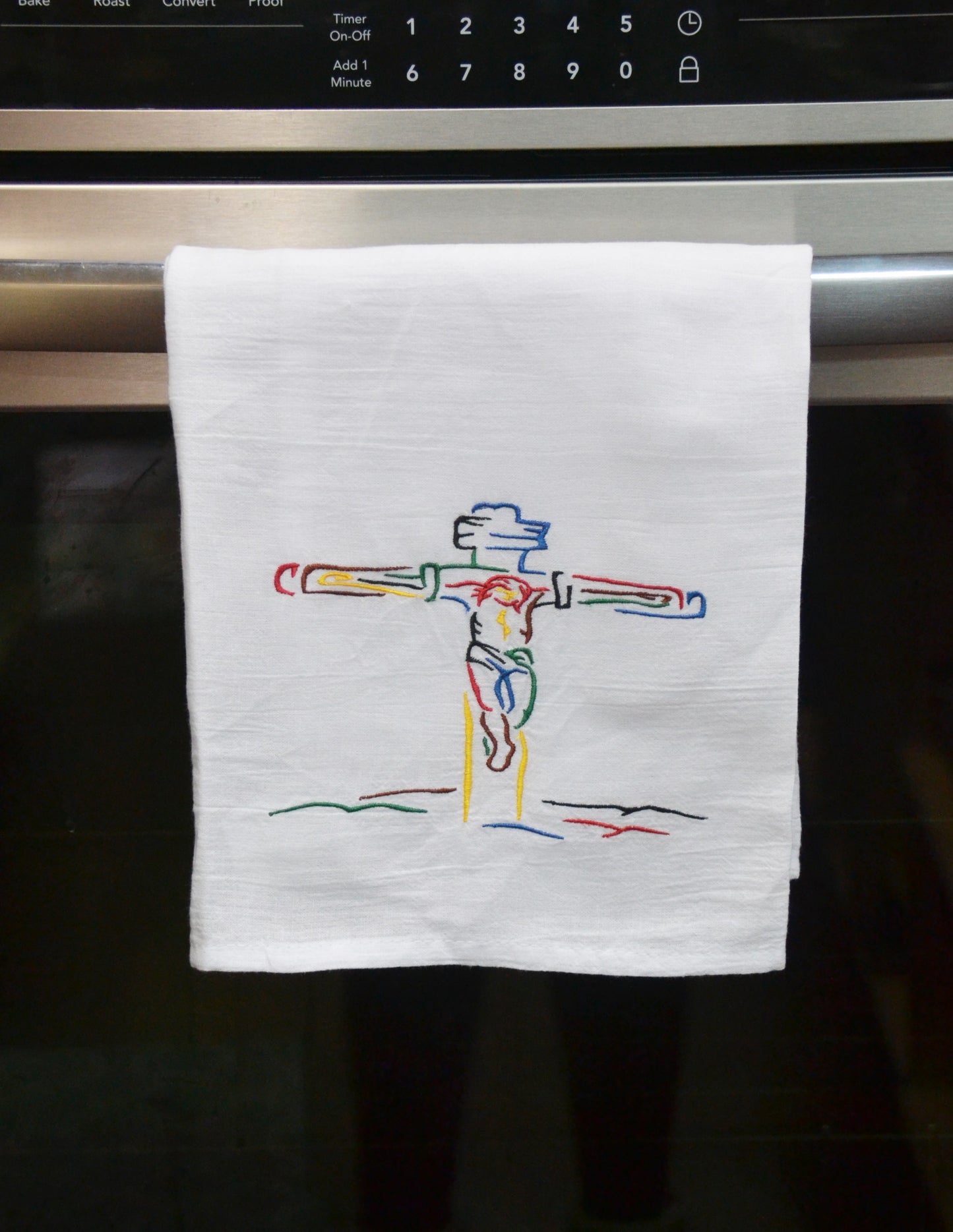 Embroidered THE CRUCIFIXION ART DECO Flour Sack Kitchen Towel (White)