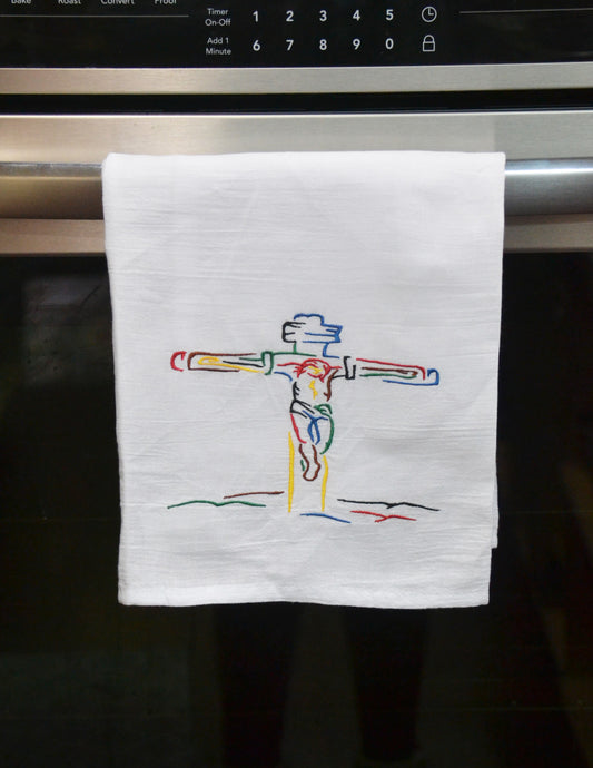 Embroidered THE CRUCIFIXION ART DECO Flour Sack Kitchen Towel (White)