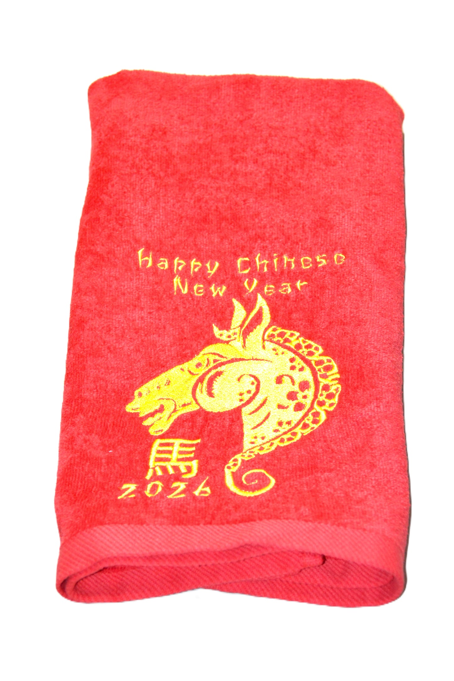 Chinese New Year 2026 Decorative Cotton Velour Hand Towel, Red with Gold Horse Zodiac Embroidery, Traditional Festive Design, Machine Washable, 16x26 Inches