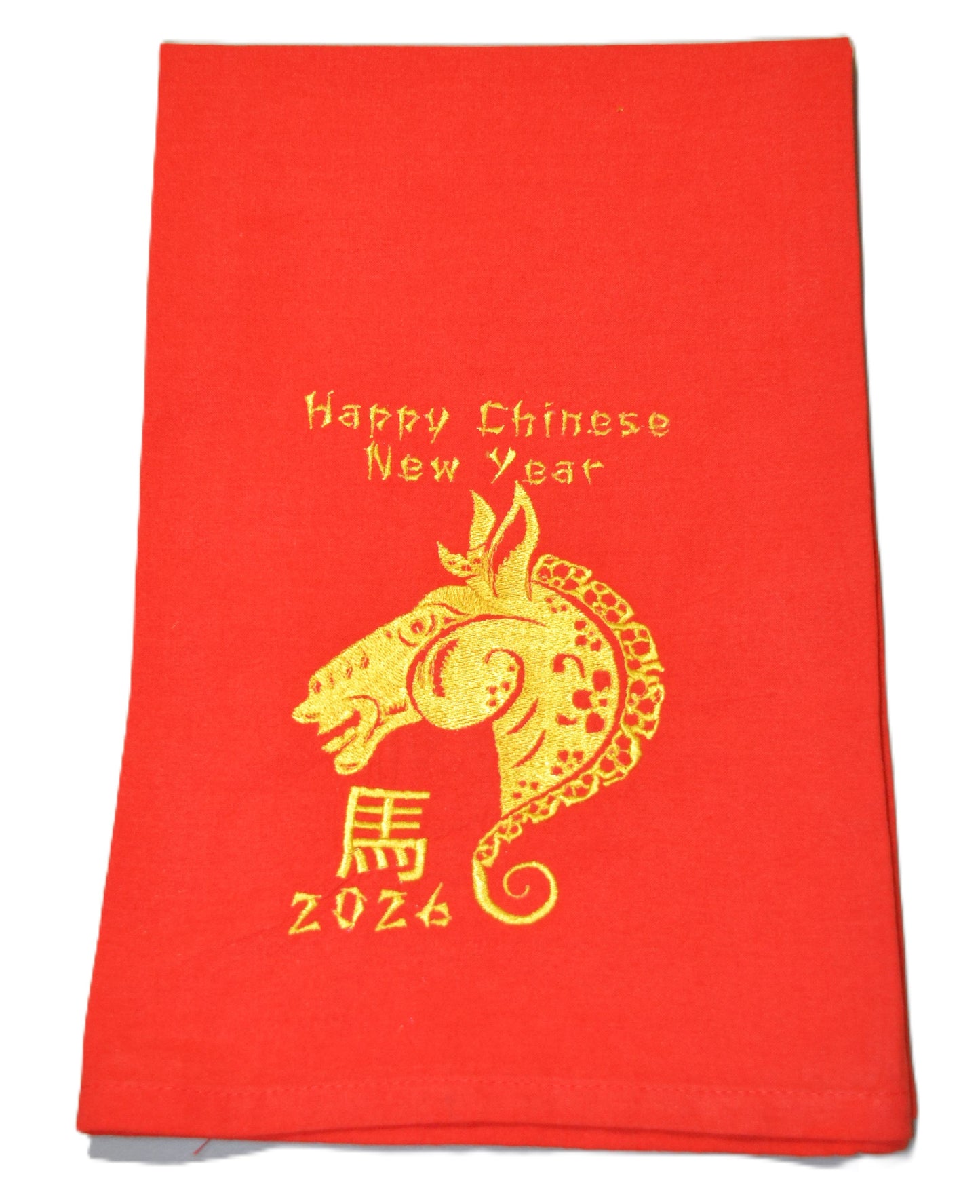 Chinese New Year 2026 Red Cotton Flour Sack Kitchen Towel, Decorative Horse Zodiac Design, Extra Large, Gold Embroidered